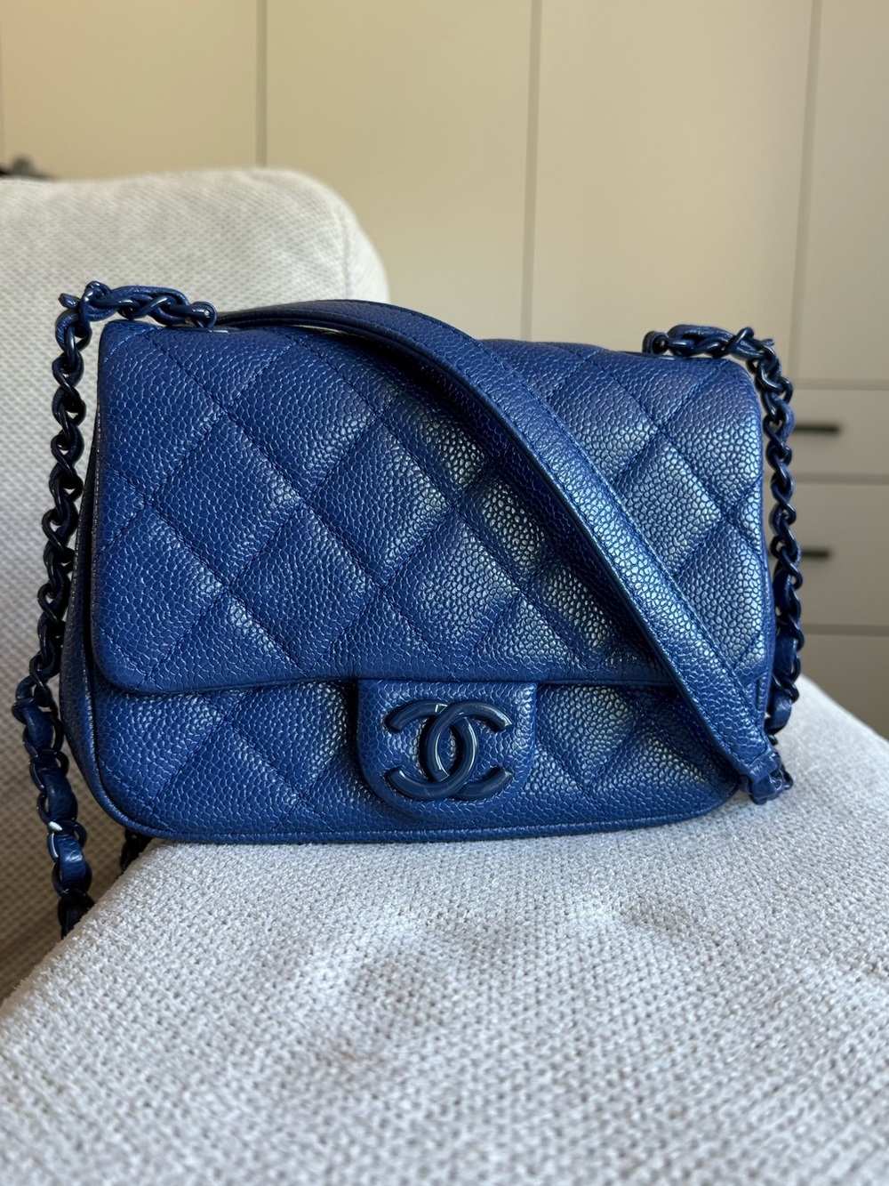 Authentic Chanel Royal Blue mini square caviar single chain handbag